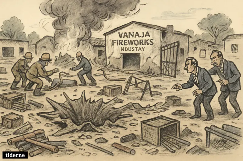 A damaged fireworks factory yard with debris, responders, stretchers, smoke, and investigators examining a deadly explosion site in Tamil Nadu.