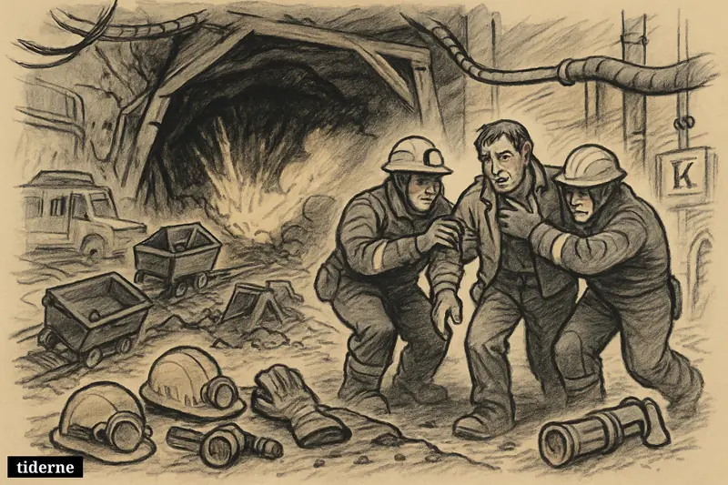 Caricature scene of a deadly coal mine explosion, with collapsed tunnel, abandoned safety gear, rescuers, and one evacuated worker near the entrance.