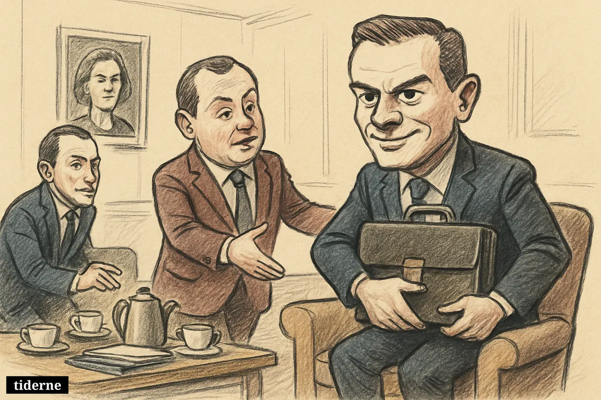 Caricature of Peter Hummelgaard taking center seat from Nicolai Wammen in a political lounge with coffee cups, watched by Magnus Heunicke.