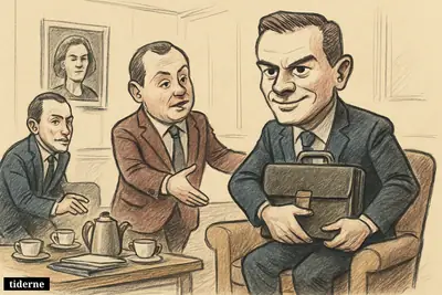 Caricature of Peter Hummelgaard taking center seat from Nicolai Wammen in a political lounge with coffee cups, watched by Magnus Heunicke.
