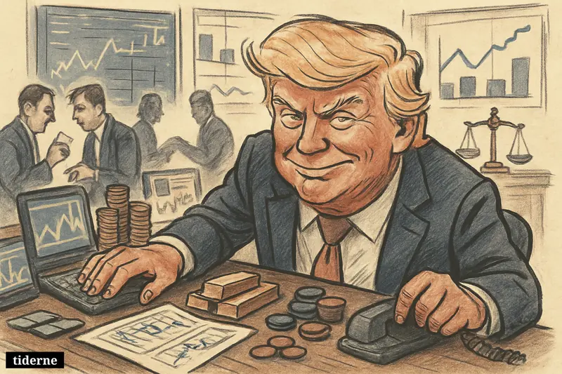 Caricature of Donald Trump at a trading desk, surrounded by suspicious market activity, betting props, charts, and justice symbols.