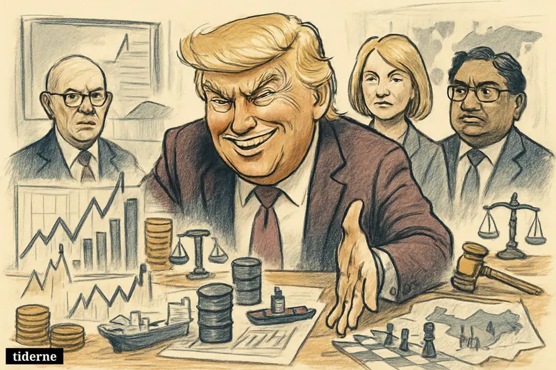 Donald Trump at a desk with trading charts and oil props, flanked by famous insider trading figures in a tense political finance scene.