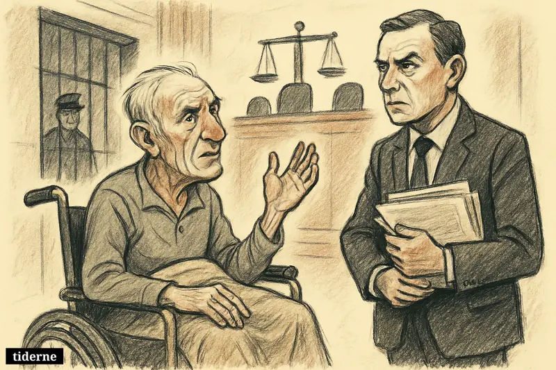 A frail Ratko Mladić in a wheelchair appeals beside Nenad Vujić in a courtroom-prison setting with judges’ benches and justice symbols.