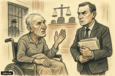 A frail Ratko Mladić in a wheelchair appeals beside Nenad Vujić in a courtroom-prison setting with judges’ benches and justice symbols.