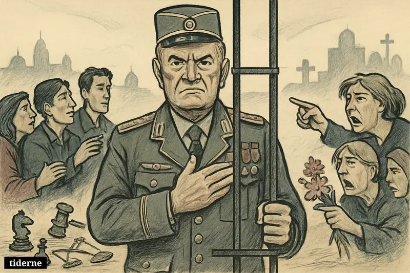 Caricature of Ratko Mladić gripping prison bars as supporters and grieving civilians face each other across a divided Balkan scene.