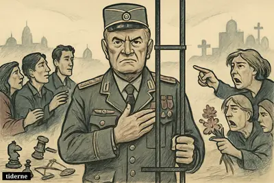 Caricature of Ratko Mladić gripping prison bars as supporters and grieving civilians face each other across a divided Balkan scene.