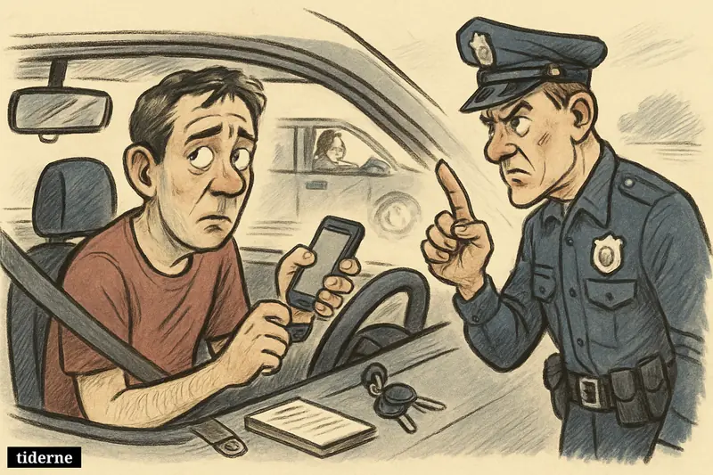 A guilty driver holding a phone at the wheel is confronted by a stern police officer during a roadside traffic stop.