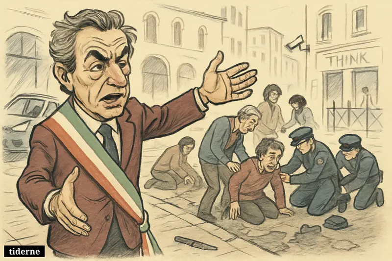 Caricature of Modena’s mayor at a crash scene with injured pedestrians, a curb-mounted car, shattered shop window, and police making an arrest.