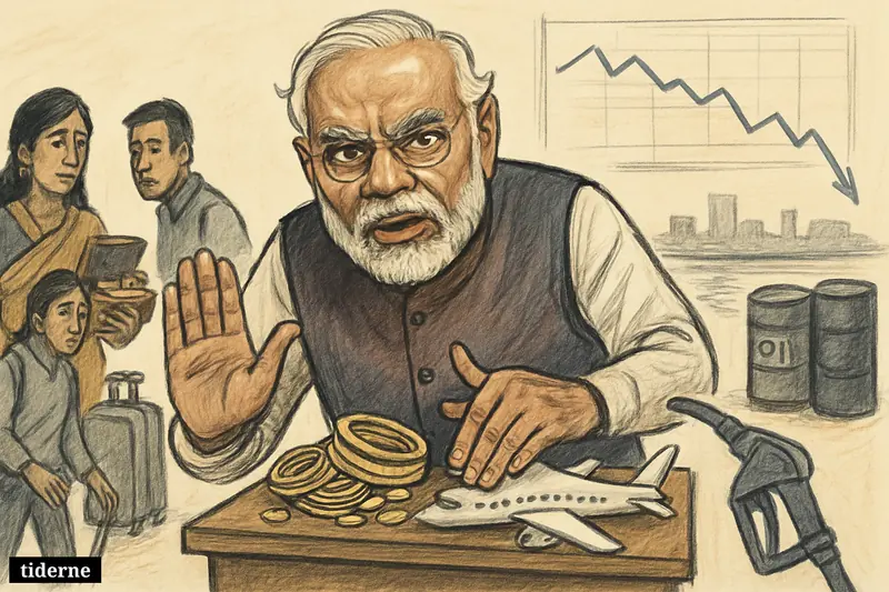 Caricature of Narendra Modi urging restraint as gold, travel, and fuel use symbolize India’s economic and energy pressures.