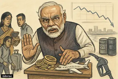 Caricature of Narendra Modi urging restraint as gold, travel, and fuel use symbolize India’s economic and energy pressures.