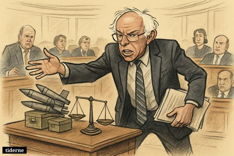 Bernie Sanders in the Senate chamber forcefully objects as senators around him react, with weapons-sale props and a tipped balance scale nearby.