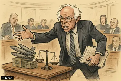 Bernie Sanders in the Senate chamber forcefully objects as senators around him react, with weapons-sale props and a tipped balance scale nearby.