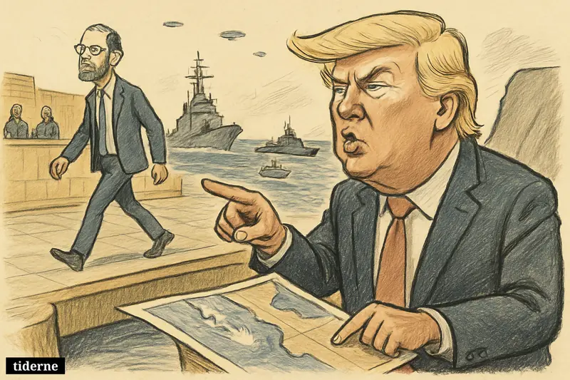 Trump points over a tense sea lane while Feiglin strides across a guarded Jerusalem plaza, with warning-shot splashes, ships, and distant UAPs.