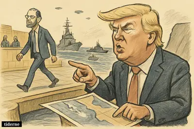 Trump points over a tense sea lane while Feiglin strides across a guarded Jerusalem plaza, with warning-shot splashes, ships, and distant UAPs.