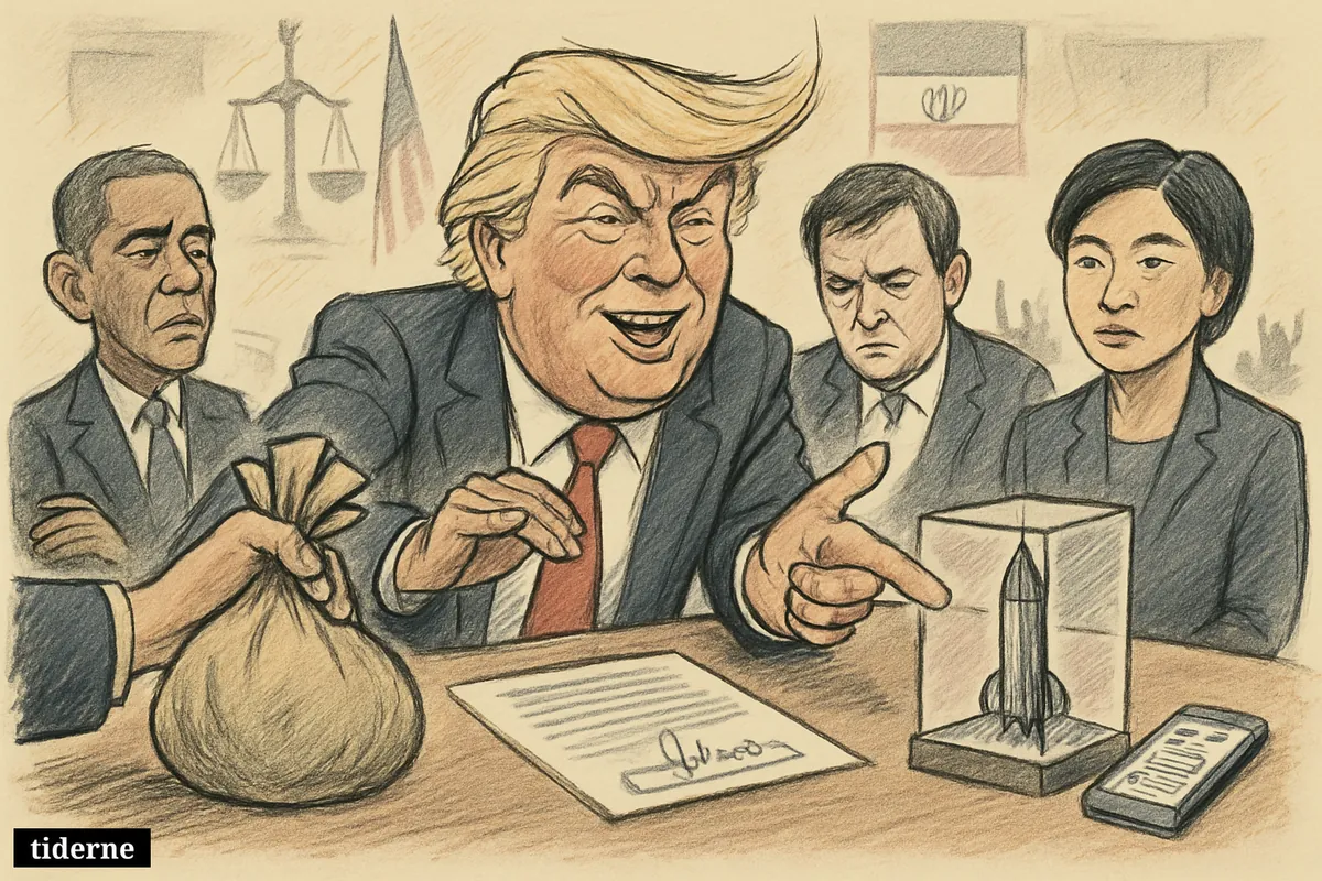 Caricature of Trump boasting at a negotiation table while other politicians look skeptical, with nuclear and diplomacy symbols around them.