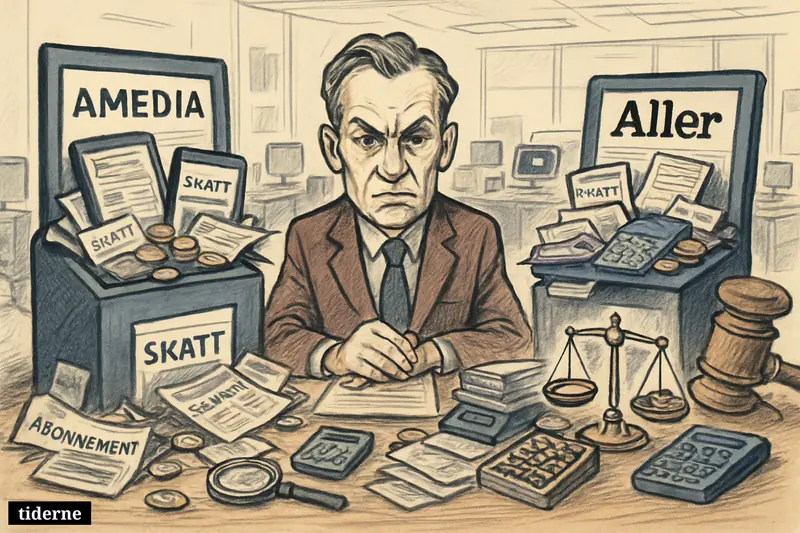Digital news kiosks for Amedia and Aller face a tax inspector’s desk piled with receipts, scales, coins, and newsroom equipment.