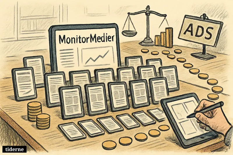 A caricature newsroom scene shows Monitormedier as digital publications surrounded by subscriber tokens, profit symbols, and a weak advertising display.