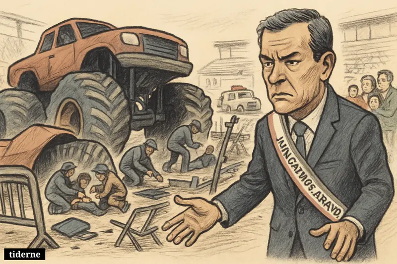 Caricature of Popayán’s mayor at a monstertruck crash scene with injured spectators, bent barriers, responders, and investigators examining suspected brake failure.