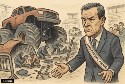 Caricature of Popayán’s mayor at a monstertruck crash scene with injured spectators, bent barriers, responders, and investigators examining suspected brake failure.