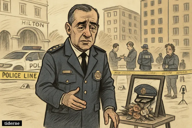 Police chief Fady Dagher speaks solemnly at a memorial press scene near a taped-off Montreal intersection with officers, investigators, and a nearby hotel.