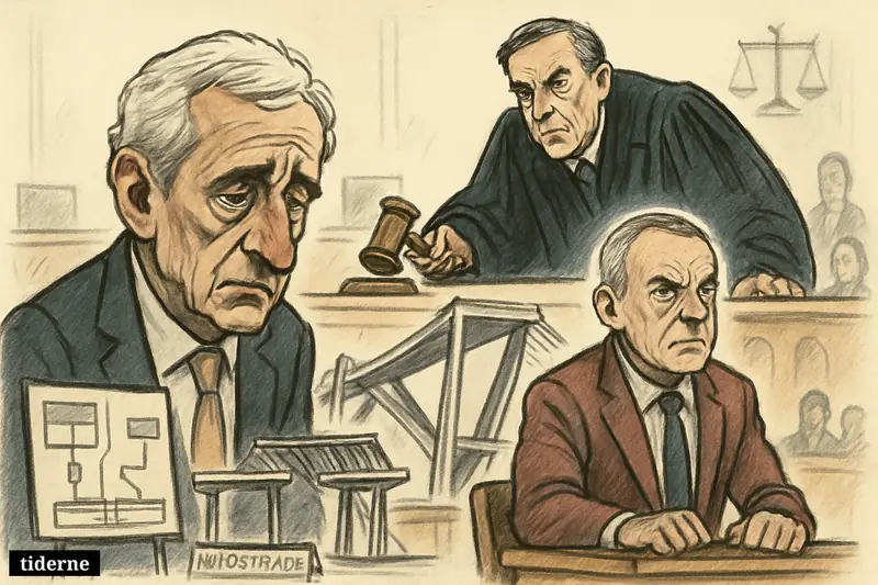 Caricature of two former motorway executives hearing prison sentences in an Italian courtroom, with a judge and a collapsed bridge model behind them. (AI-genereret illustration)