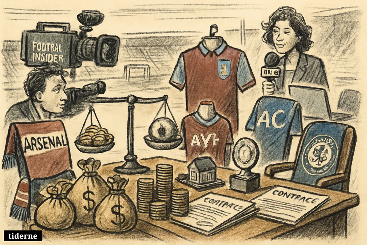 A caricature football transfer scene with money piles, club shirts, media equipment, and a record trophy inside a stadium boardroom.