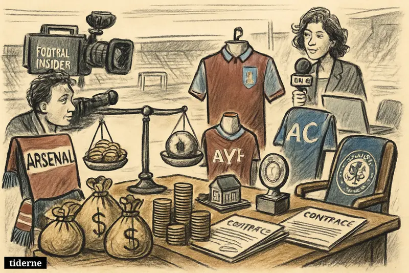 A caricature football transfer scene with money piles, club shirts, media equipment, and a record trophy inside a stadium boardroom.