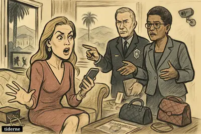 Morgan Stewart reacts anxiously in a ransacked luxury living room as a police chief and mayor assess an apparent burglary scene. (AI-genereret illustration)