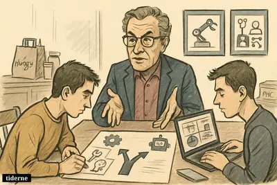 Caricature of Morten Larsen advising two young men at a table with laptops, career materials, AI symbols, and business-related props. (AI-genereret illustration)