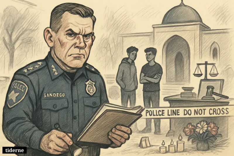 Police chief Scott Wahl stands before a mosque crime scene as investigators work and two young suspects are watched nearby.