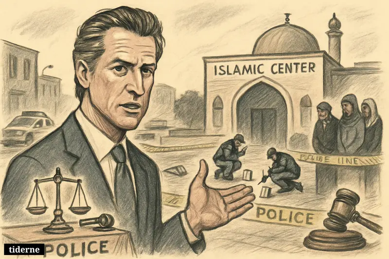 Caricature of Gavin Newsom before a mosque crime scene as police investigate and mourners gather near the Islamic center.