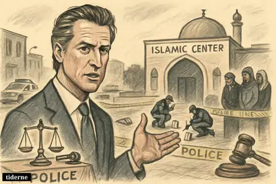 Caricature of Gavin Newsom before a mosque crime scene as police investigate and mourners gather near the Islamic center.