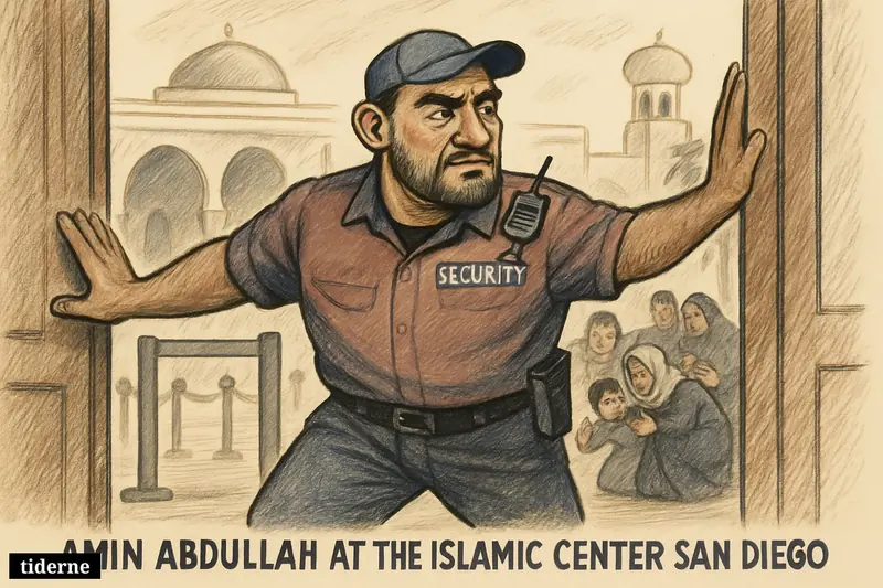 A heroic caricature of a mosque security guard shielding frightened worshippers at the entrance of an Islamic center courtyard.