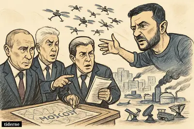 Caricature of Putin, Moscow officials, and Zelensky as drones swarm over Moscow, with refinery smoke, apartment blocks, and shut airports behind them.