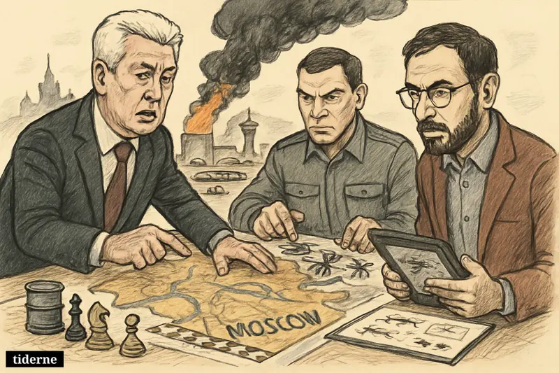 Three caricatured officials and an analyst study a Moscow map as drones, a burning refinery, blocked roads, and grounded planes fill the scene.