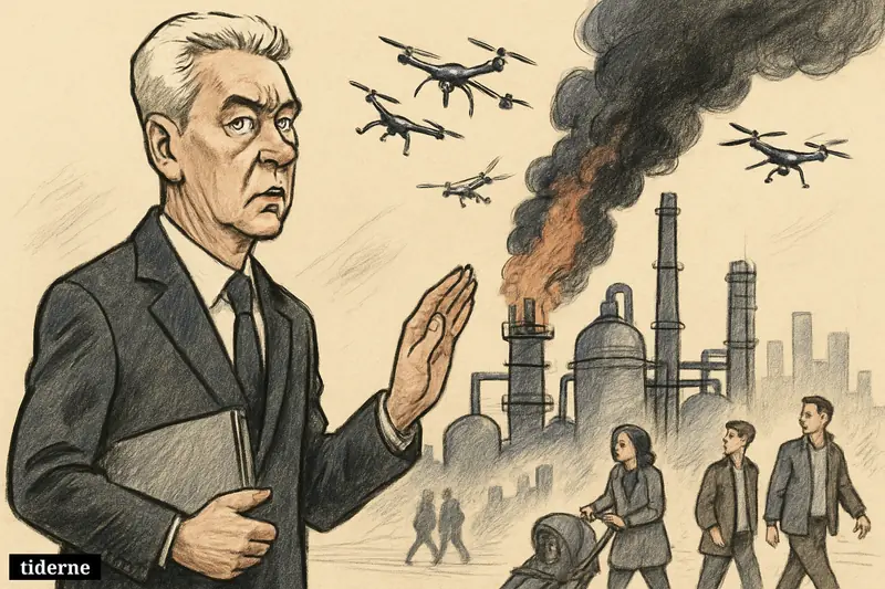 Caricature of Moscow mayor Sergei Sobyanin before a smoking oil refinery as drones descend and city residents continue daily routines nearby.
