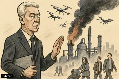Caricature of Moscow mayor Sergei Sobyanin before a smoking oil refinery as drones descend and city residents continue daily routines nearby.
