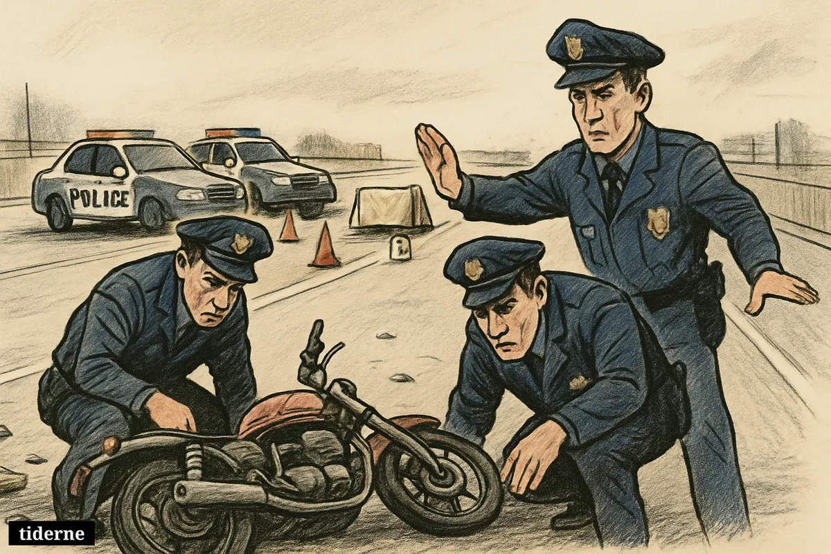 A blocked roadway with a crashed motorcycle, police officers, cones, and patrol vehicles securing a fatal accident scene.