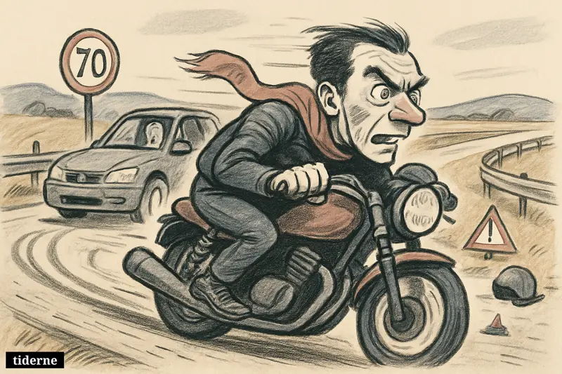 A caricature of a motorcyclist speeding hard through a curve while a cautious driver follows, with road safety signs and accident-risk details.