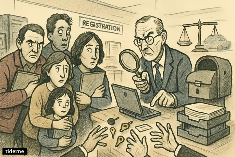 Worried citizens in a motor records office react as private address files spill from a registry desk toward reaching hands.