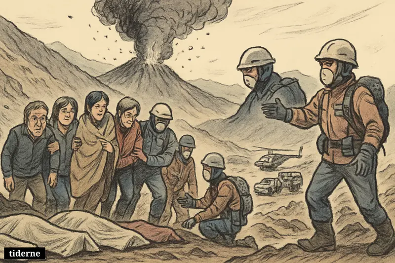 Rescue workers guide exhausted hikers down Mount Dukono while ash rises from the erupting volcano and a helicopter waits nearby.