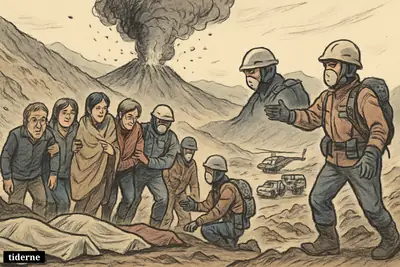Rescue workers guide exhausted hikers down Mount Dukono while ash rises from the erupting volcano and a helicopter waits nearby.