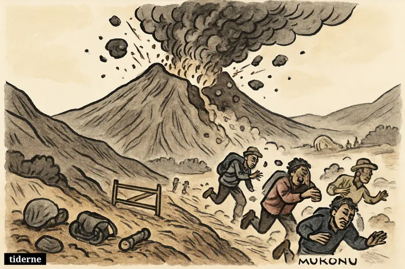 Mount Dukono erupts violently as hikers and a guide flee down a crater trail past abandoned gear and a broken access barrier.