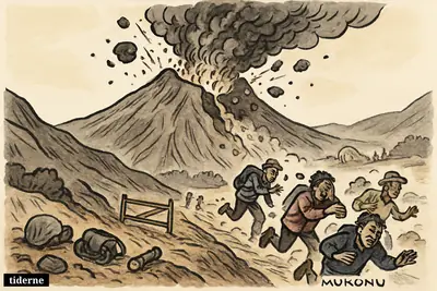 Mount Dukono erupts violently as hikers and a guide flee down a crater trail past abandoned gear and a broken access barrier.