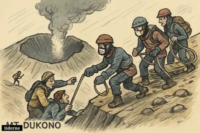 Rescue workers approach two stranded hikers near Mount Dukono’s crater as ash rises overhead and another rescuer searches the slope below.