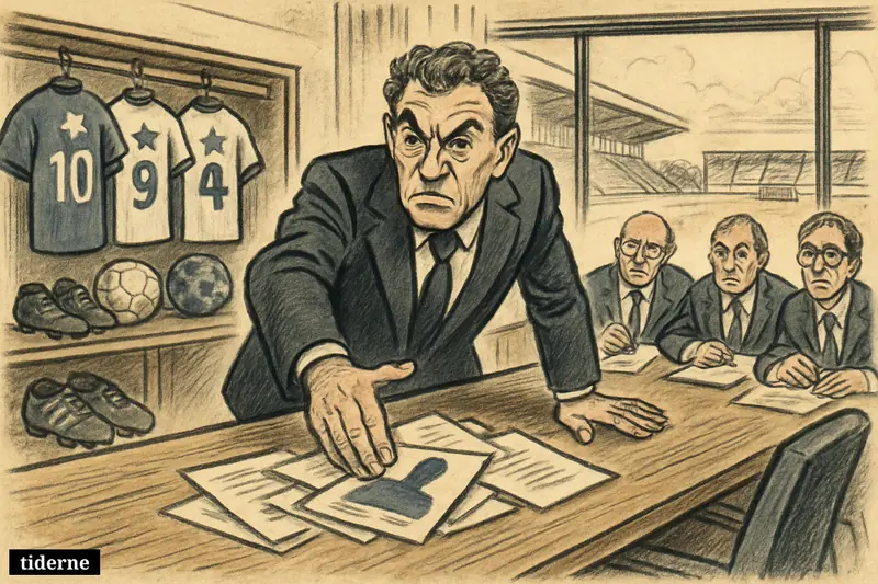 A stern football manager in a boardroom halts transfer documents while club officials watch, with star-player gear and a stadium beyond.