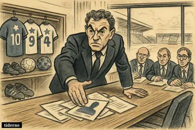 A stern football manager in a boardroom halts transfer documents while club officials watch, with star-player gear and a stadium beyond.