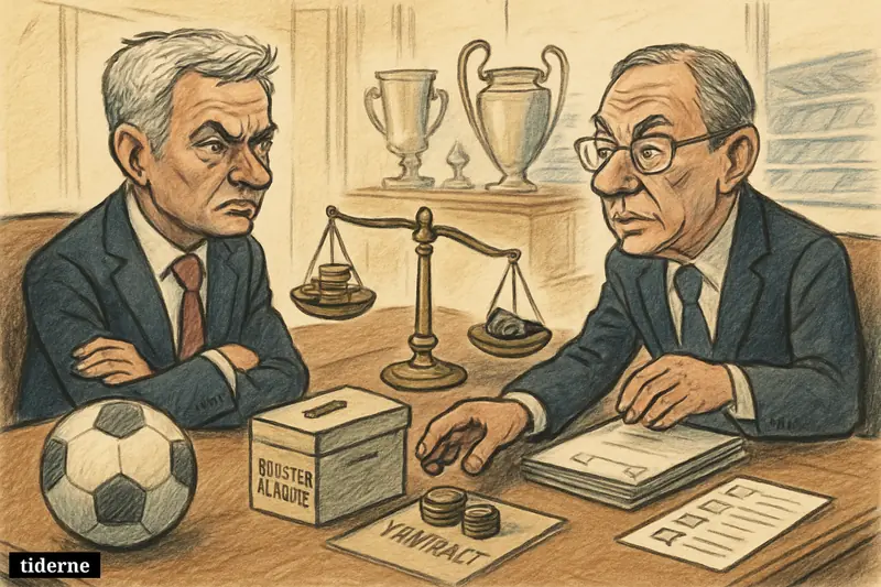 Caricature of José Mourinho and Florentino Pérez negotiating across a boardroom table with ballot box, coins, contract folder, and football symbols.
