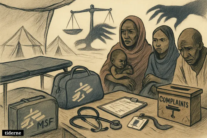 Refugees in a clinic tent gather around aid supplies and report papers, suggesting abuse, neglect, and institutional failure in a camp setting.