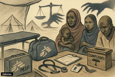 Refugees in a clinic tent gather around aid supplies and report papers, suggesting abuse, neglect, and institutional failure in a camp setting.